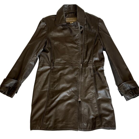 Bod & Christensen Brown Leather Jacket Trench Coat Asym Zip Belted Womens XL - Picture 5 of 16